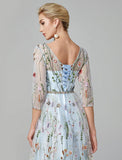 Niulatu A-Line Evening Gown Party Dress Floral Dress Holiday Wedding Guest Floor Length 3/4 Length Sleeve Illusion Neck Lace with HZ1007