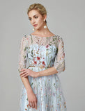 Niulatu A-Line Evening Gown Party Dress Floral Dress Holiday Wedding Guest Floor Length 3/4 Length Sleeve Illusion Neck Lace with HZ1007