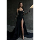 Niulatu Line Lace Appliques High Split Black Long Prom Formal HZ1007