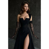 Niulatu Line Lace Appliques High Split Black Long Prom Formal HZ1007