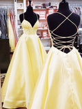 Niulatu Line V Neck Backless Long Prom Dresses with Cross Back Yellow Formal Graduation Evening HZ1007