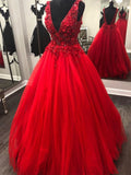 Niulatu V-neck Tulle Lace Long Prom Dresses Red Open Back Formal Evening HZ1007