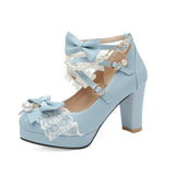 Niulatu Japanese Pearl Bow Jk Sweet Cute Strap Super High Heeled Round Head Student Shoes Kawaii Girl Tea Party Cos Loli Vintage DJSE