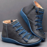 Niulatu New Women's Casual Flat Leather Retro Lace-up Boots Side Zipper Round Toe Shoe Leather Ankle Boots Zapatos Mujer Wram Botas DJSE