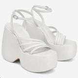 Niulatu Women Brand Platform Sandals Shoes Strappy Heels Wegdes Heeled Shoes Design Punk Cool Chunky Buckle Casual Black White Shoes DJSE