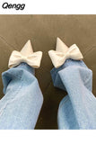 Niulatu Women's Slippers Bowknot Cat Heel Low Heel Mid Heel Pointed Toe Shoes Slippers High Heels DJSE