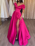 Niulatu A-Line Off the Shoulder Satin Long Prom Dress Hot Pink Pleats Evening Dress With Slit HZ1007