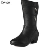 Niulatu Women's Mother Ladies Leather Snow Shoes Boots Knee High Zipper Winter Warm PU Plush Mid Calf Female Mid-calf Autumn Large Size DJSE