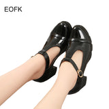 Niulatu Women High Heel Pumps Shoes Lady T Strap Genuine Leather Square Heel Shinny Patent Leather Black High (5cm-8cm) Round Toe DJSE