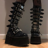 Niulatu Size 48 Brand Design Platform Wedges Goth Black Mid Calf Motorcycle Boots Women Buckle Trendy Cool Punk Zipper Women Shoes DJSE