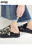 Niulatu Women Slippers Platform Rivets Punk Rock Leather Mules Creative Metal Fittings Casual Party Shoes Female Outdoor Slides DJSE