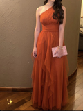 Niulatu Orange Tulle Evening Dress One Shoulder Prom Dress HZ1007