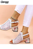Niulatu Women Summer Fashion Mid Heels Peep Toe Shoes for Women Glitter Sandals Ladies Buckle Strap Bling Rhinestone Sandals DJSE