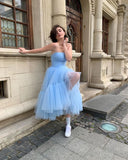 Niulatu Blue A Line Strapless Tulle Prom Dress Wedding Guest Dress Birthday Dress HZ0113