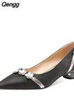 Niulatu Women's Autumn Shallow Leather Shoes All-match Low Heel Crystal Elegant Flower Shoes Soft Ladies's Party Blue Black Work Shoes DJSE