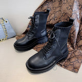 Niulatu Woman Slip-On Shoes Woman Fashion Knitted Elastic Round Toe Short Boots Platform Square Heels Leather Boots Women DJSE