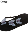Niulatu Women Sandals Summer Platform Wedge Beach Indoor Slippers Rhinestone Butterfly Flip Flops Shoes Female Elegant Slides Plus Size DJSE