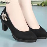Niulatu Women Cute European Stylish Round Toe Black Pu Leather Square Heel Pumps Lady Casual Wine Red Comfort Summer Heel Shoes DJSE
