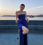 Niulatu Strapless Royal Blue Slit Prom Dress Long Evening Dress HZ1007