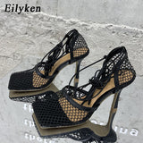 Niulatu Sexy Green Mesh Pumps Sandals Female Square Toe high heel Lace Up Cross-tied Stiletto hollow Dress shoes size DJSE