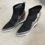 Niulatu leather wedges boots woman pointed toe platform ankle boots hook & loop cross elastic band shoes ladies FT1176 DJSE