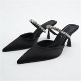 Niulatu shoes women's 2025 spring new women's shoes stiletto pointed toe pumps satin rhinestone glitter mules pumps DJSE