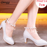Niulatu Bridal Shoes for Women Autumn Round Toe Block Heels Rhinestone Pearl Platform High Quality Pumps Woman's Shoes DJSE