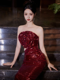 Niulatu Strapless Sequin Rose Flowers Prom Dress Mermaid Long Evening Dress HZ1007