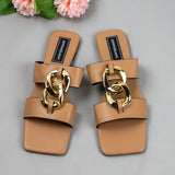 Niulatu Summer 2025 Fashion Luxury Design Flat Casual Slides Outside Beach Shoes Sqaure Toe Metal Button Women Slippers DJSE