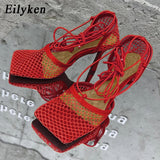 Niulatu Sexy Green Mesh Pumps Sandals Female Square Toe high heel Lace Up Cross-tied Stiletto hollow Dress shoes size DJSE