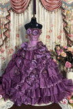 Niulatu Purple Ball Gown Strapless Floral Beaded Layered Organza Prom Dress 18th Birthday Dress HZ0113