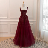 Niulatu Burgundy Spaghetti Straps Sequins Beaded Formal Prom Dress Tulle Party Evening Dress HZ1007