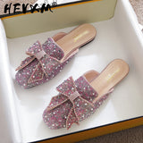 Niulatu Women's Summer Wear 2025 New Flat Bow Muller Shoes Large Size 41-43 Baotou Half Drag Fashion Rhinestone Lazy Shoes DJSE