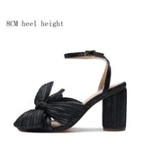 Niulatu Women Sandals New Brand Summer Shoes Pleated Bow-Knot Round Heels Open Toe Dress Shoes Big Size Party Wedding Shoes DJSE