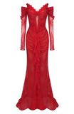 Niulatu Lace Pleated Red Evening Dress Elegant Prom Dress HZ1007