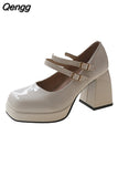 Niulatu High Heels Platform Pumps Women's Square Toe Thick Heels Mary Janes Woman Patent Leather High Heels Shoes Party Shoes DJSE
