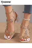 Niulatu Women Sandals 2025 Summer Crystal Flower Decoration Chunky Heel Peep Toe Back Strap Elastic Band Elegant Fashion Women's Shoes DJSE