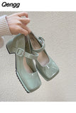 Niulatu Shoes Retro Square Head Bright Leather Early Spring 2025 New Shallow Mouth Coarse Heel Single Shoes Chaussure Femme DJSE