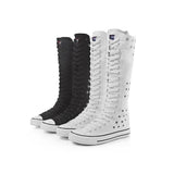 Niulatu Lady Dance Shoes Long Boots Perforation Holes High Top Lacing Side Zipper Canvas Flats Increased Big Size DJSE