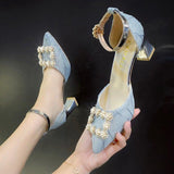 Niulatu Heels Pumps Women Elegant Pearl Buckle Square Heels Wedding Party Shoes Ladies Pointed Toe Ankle Strap Work Shoes DJSE