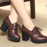 Niulatu Women Pumps Shoes Genuine Leather Pointed Toe Lace-Up 8cm & 5cm Thick High Heel Shallow Solid Casual Female Shoes Plus Size DJSE