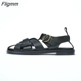 Niulatu Shoes Women Genuine Leather Gladiator Sandals Round Toe Flats Buckle Fashion Ladies Footwear Summer Khaki Big Size 43 DJSE