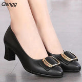 Niulatu Women Cute European Stylish Round Toe Black Pu Leather Square Heel Pumps Lady Casual Wine Red Comfort Summer Heel Shoes DJSE