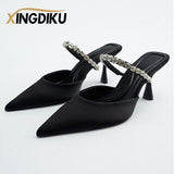 Niulatu Sandals Summer 2025 New Pointed Toe Stiletto Black Sexy Ladies Sandals Rhinestone Sequins Big Size Slippers shoe woman DJSE