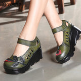 Niulatu Spring Autumn Ethnic Comfortable Women Wedges Genuine Leather Women's Shoes round toe Platform high heels pumps DJSE