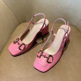 Niulatu New Fashion Single Shoes Women Decorative Button Retro Chunky Heels Sandals Women Square Head Shallow Mouth Shoes DJSE