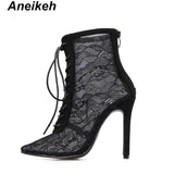 Niulatu 2025 New Mature Mesh Women Boots Floral Lace-Up Thin High Heels Ankle Pointed Toed Party Wedding Shoes Black Size DJSE