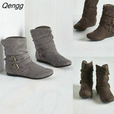 Niulatu Women Autumn Winter Womens Boots Low Wedge Buckle Biker Trim Flat Mid Calf Boots Shoes Girls Ankle Boots DJSE