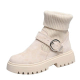 Niulatu Women Shoes 2025 Winter Fashion Knitting Booties Women Belt Buckle Plus Velvet Platform Boots British Style Martin Botas DJSE