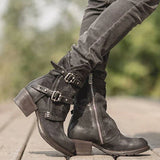 Niulatu Women Shoes Motorcycle Boots Autumn Platform Low Square Heel Round Toe Ankle Buckle Handmade Sewing Punk Cool Ladies Female DJSE